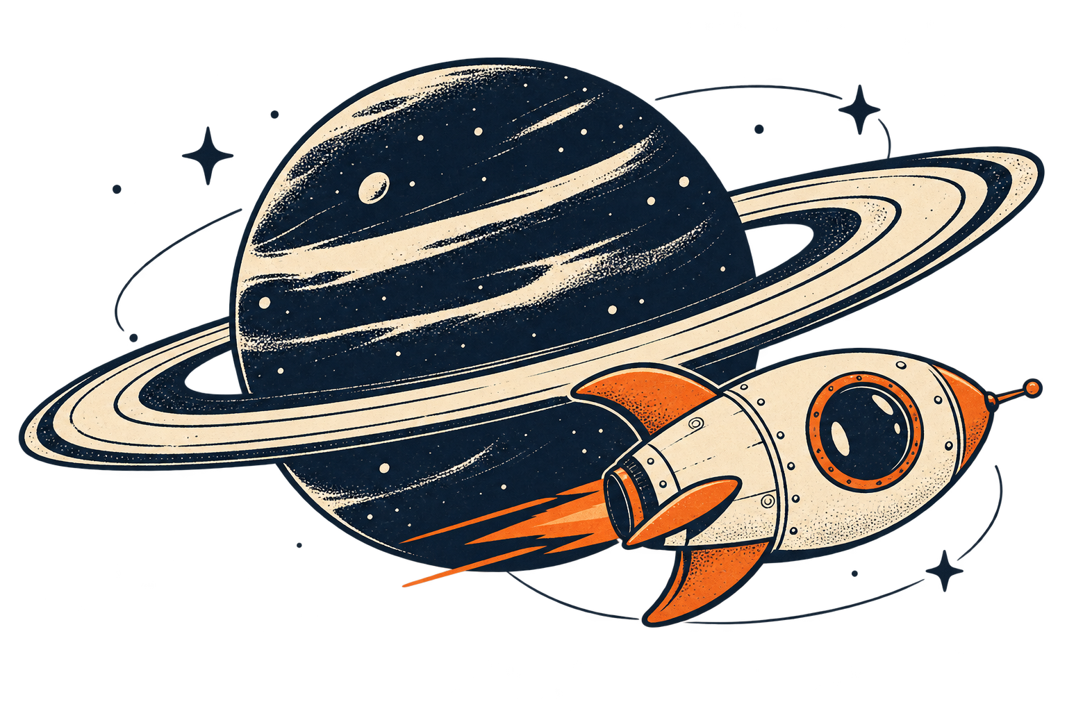 Illustrated spacecraft passing a ringed planet